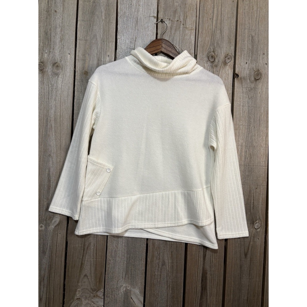 Trisha Tyler PM Ivory Mock Neck Knit Top Ribbed Detail